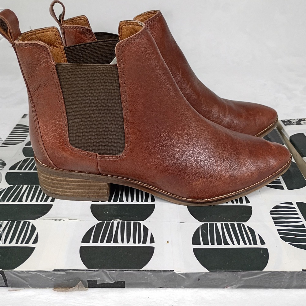 Lucky Brand Basel Brown Leather Chelsea Ankle Boots Women Point Toe Stacked Heel - Picture 3 of 9